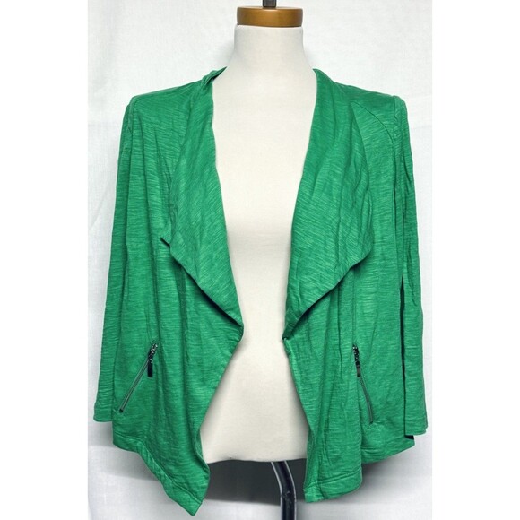 Chico's Knit Drape-Front Jacket Size 1 Zip Pockets 3/4 Slv Open Cardigan Green M - Picture 1 of 4